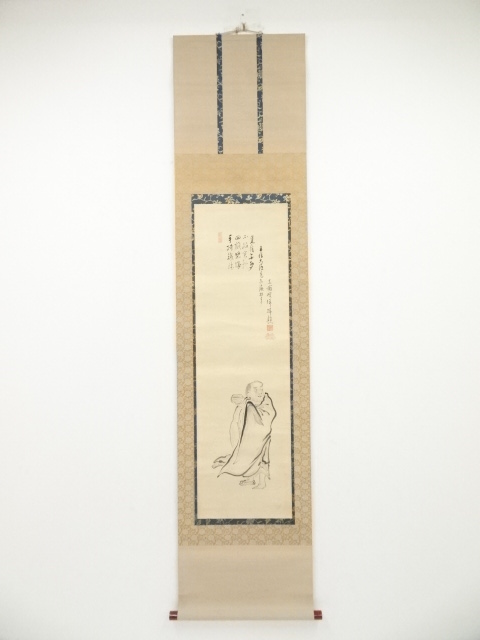 真作】 可睡越渓 達磨大師 半身画賛 紙本 肉筆 掛軸 軸 共箱 古画 禅画